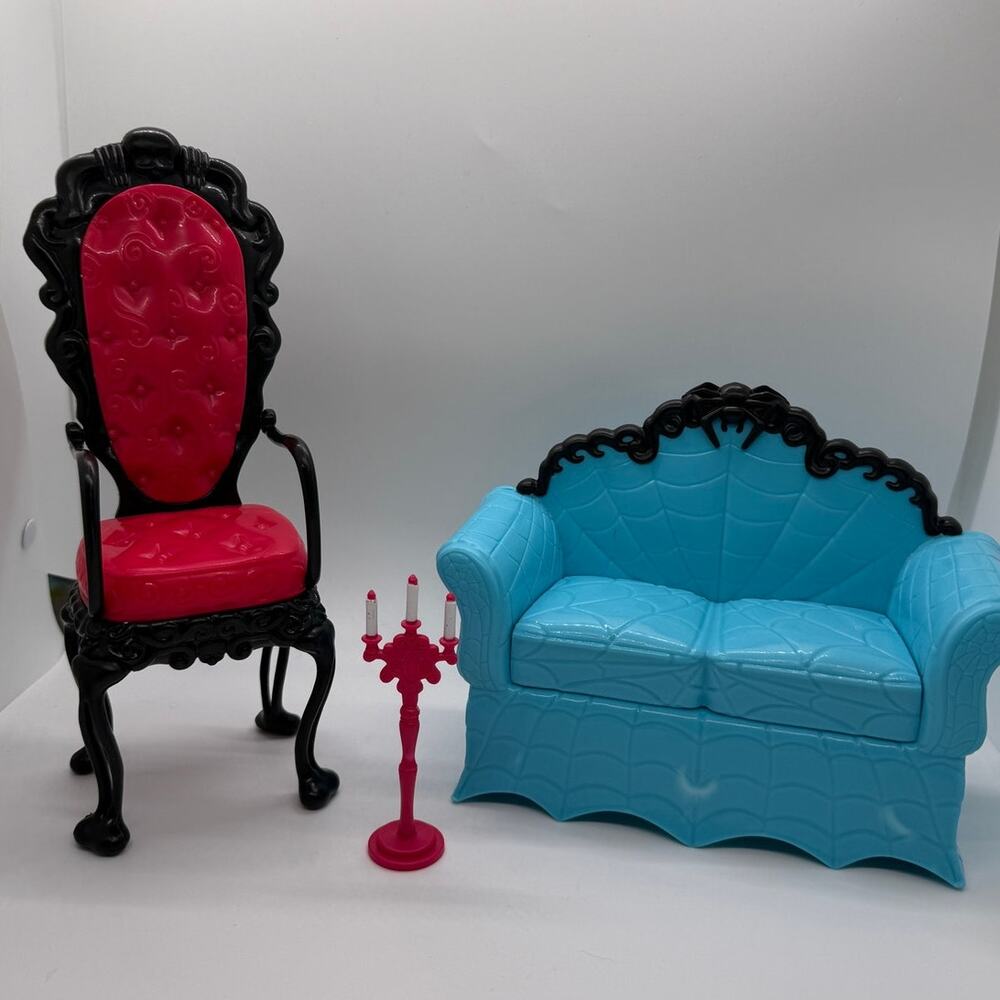 Monster High Furniture 3 Piece Blue Couch Red Chair Candelabra
